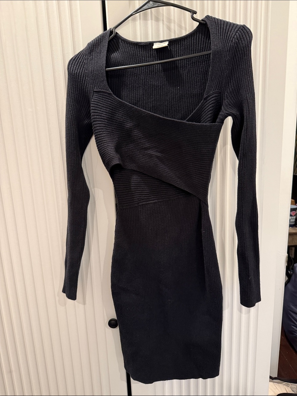 Abercrombie & Fitch Black Ribbed Long-Sleeve Asymmetric Wrap Dress